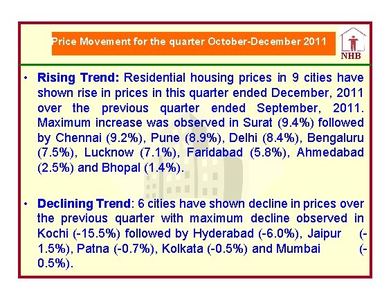 Price Movement for the quarter October-December 2011 NHB • Rising Trend: Residential housing prices