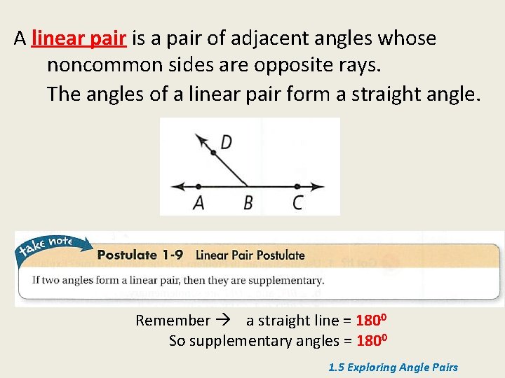 A linear pair is a pair of adjacent angles whose noncommon sides are opposite