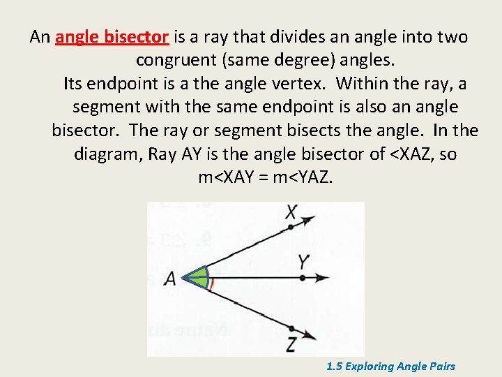 An angle bisector is a ray that divides an angle into two congruent (same