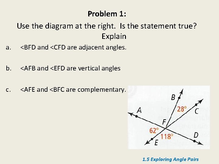 Problem 1: Use the diagram at the right. Is the statement true? Explain a.
