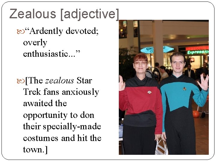 Zealous [adjective] “Ardently devoted; overly enthusiastic. . . ” [The zealous Star Trek fans