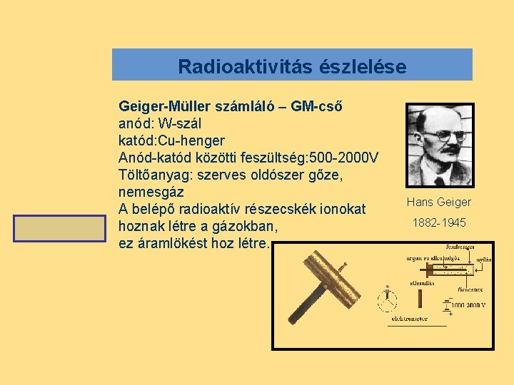 Radioaktivitás észlelése Geiger-Müller számláló – GM-cső anód: W-szál katód: Cu-henger Anód-katód közötti feszültség: 500