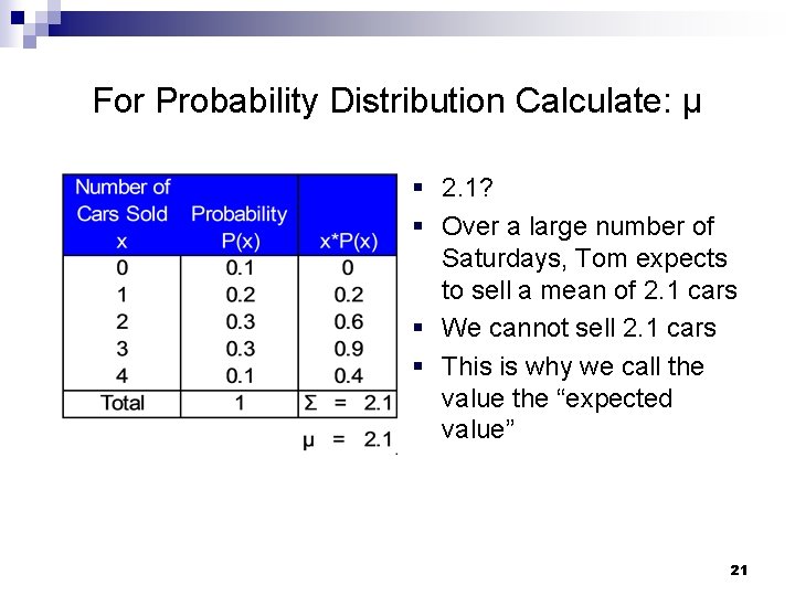 For Probability Distribution Calculate: μ § 2. 1? § Over a large number of