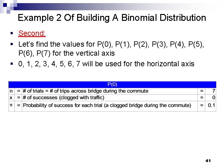 Example 2 Of Building A Binomial Distribution § Second: § Let’s find the values