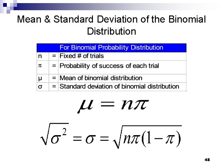 Mean & Standard Deviation of the Binomial Distribution 48 