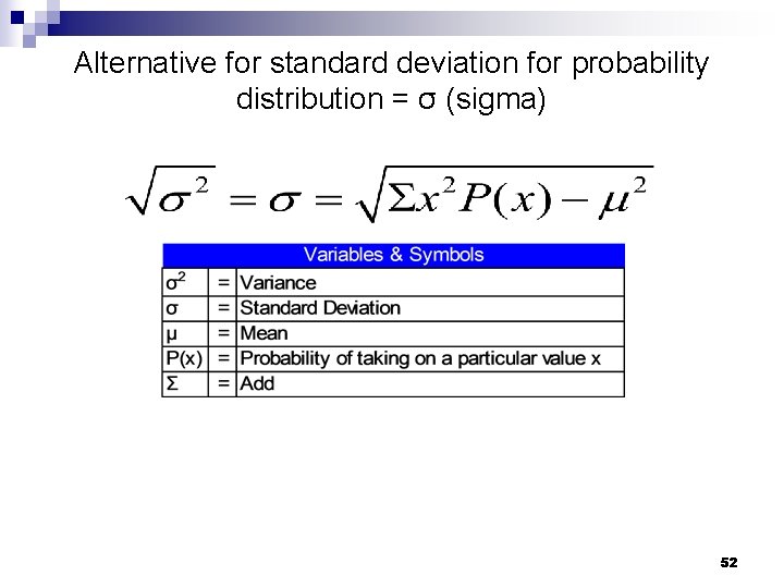 Alternative for standard deviation for probability distribution = σ (sigma) 52 