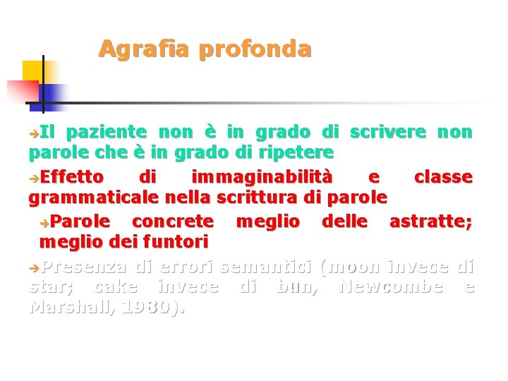 Agrafia profonda Il paziente non è in grado di scrivere non parole che è