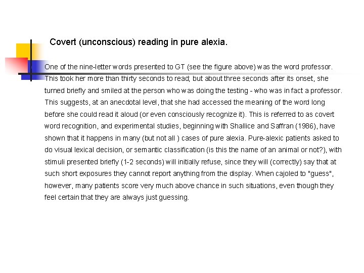 Covert (unconscious) reading in pure alexia. n One of the nine-letter words presented to