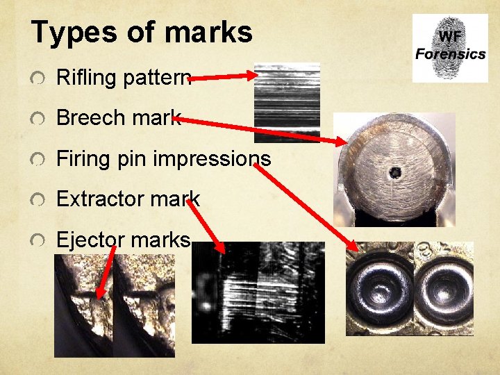 Types of marks Rifling pattern Breech mark Firing pin impressions Extractor mark Ejector marks