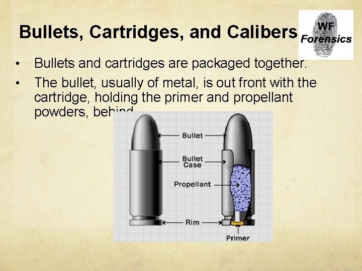 Bullets, Cartridges, and Calibers • • Bullets and cartridges are packaged together. The bullet,