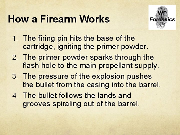 How a Firearm Works 1. The firing pin hits the base of the cartridge,