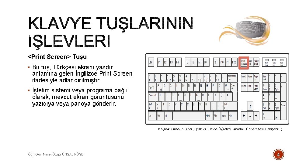 <Print Screen> Tuşu § Bu tuş, Türkçesi ekranı yazdır anlamına gelen İngilizce Print Screen