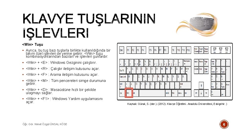 <Win> Tuşu § Ayrıca, bu tuş bazı tuşlarla birlikte kullanıldığında bir takım özel işlevleri