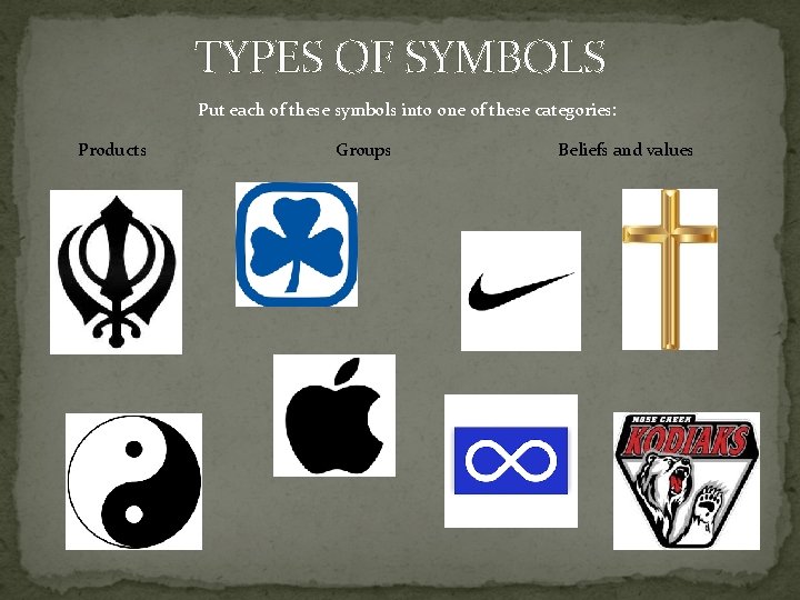 TYPES OF SYMBOLS Put each of these symbols into one of these categories: Products