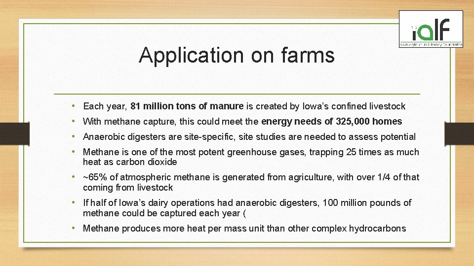 Application on farms • • Each year, 81 million tons of manure is created