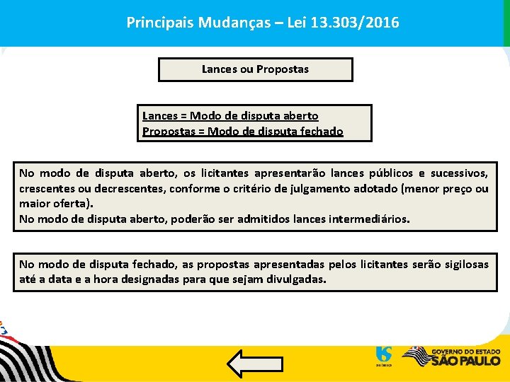 Principais. Mudanças––Lei 13. 303/2016 Principais Lances ou Propostas Lances = Modo de disputa aberto