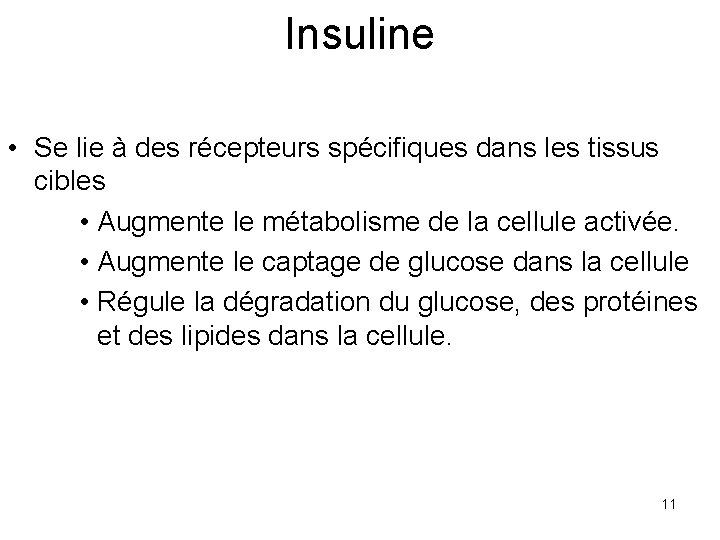 Insuline • Se lie à des récepteurs spécifiques dans les tissus cibles • Augmente