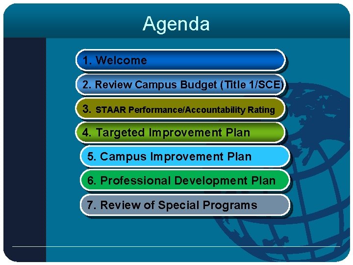 Agenda 1. Welcome 2. Review Campus Budget (Title 1/SCE) 3. STAAR Performance/Accountability Rating 4.
