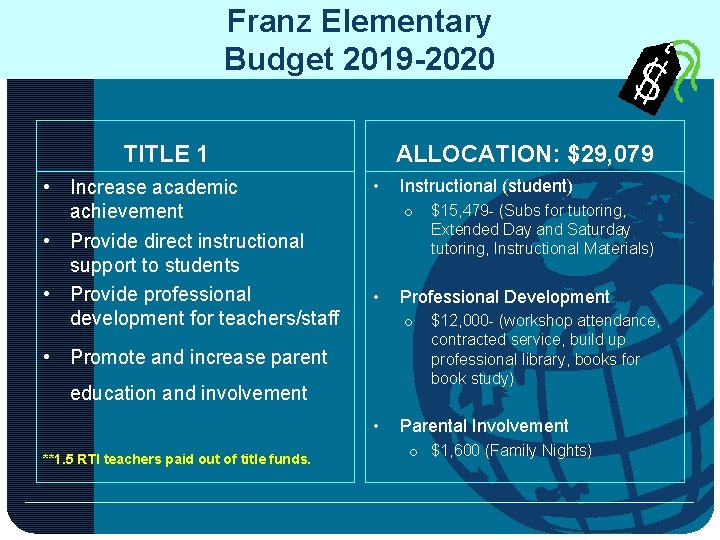 Franz Elementary Budget 2019 -2020 TITLE 1 • Increase academic achievement • Provide direct