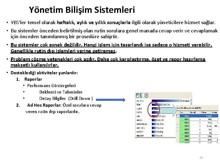 Yönetim Bilişim Sistemleri • YBS’ler temel olarak haftalık, aylık ve yıllık sonuçlarla ilgili olarak