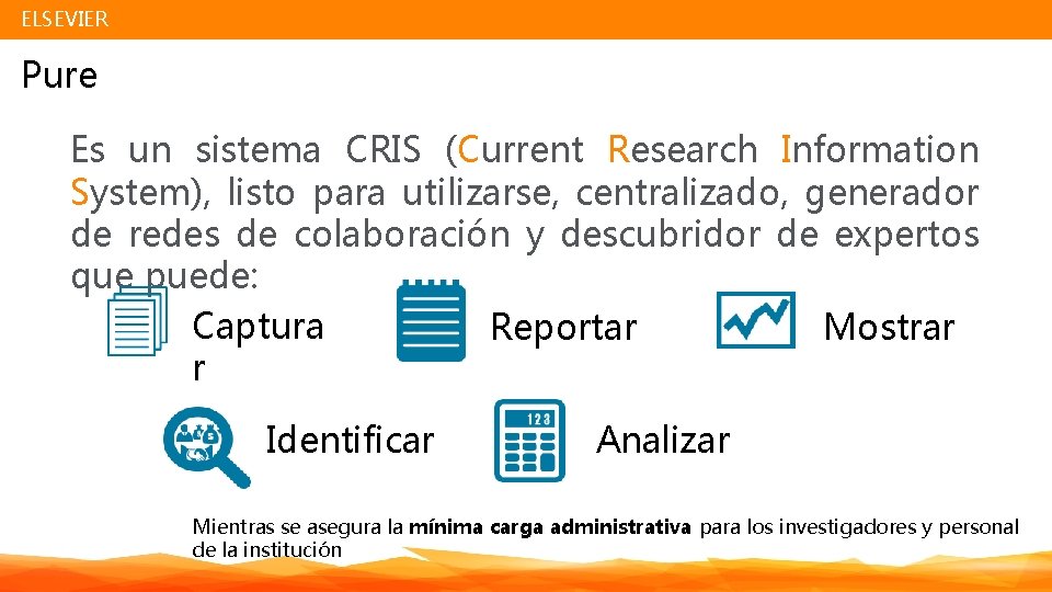 ELSEVIER Pure Es un sistema CRIS (Current Research Information System), listo para utilizarse, centralizado,