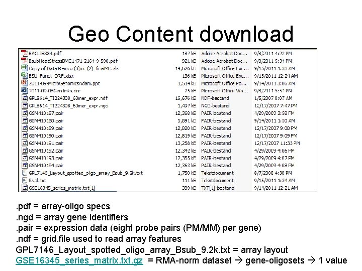 Geo Content download . pdf = array-oligo specs. ngd = array gene identifiers. pair