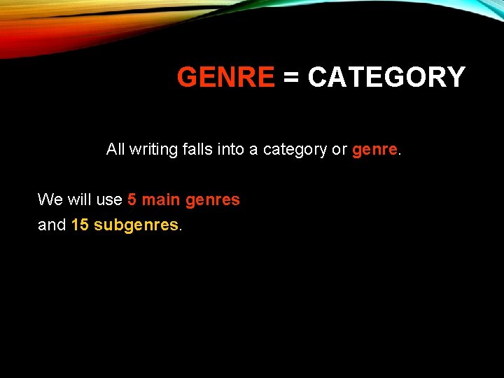 GENRE = CATEGORY All writing falls into a category or genre. We will use