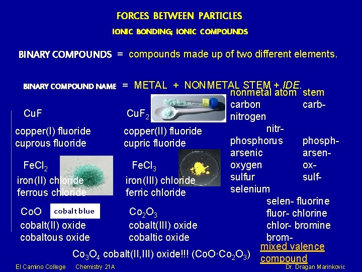 FORCES BETWEEN PARTICLES IONIC BONDING; IONIC COMPOUNDS BINARY COMPOUNDS = compounds made up of