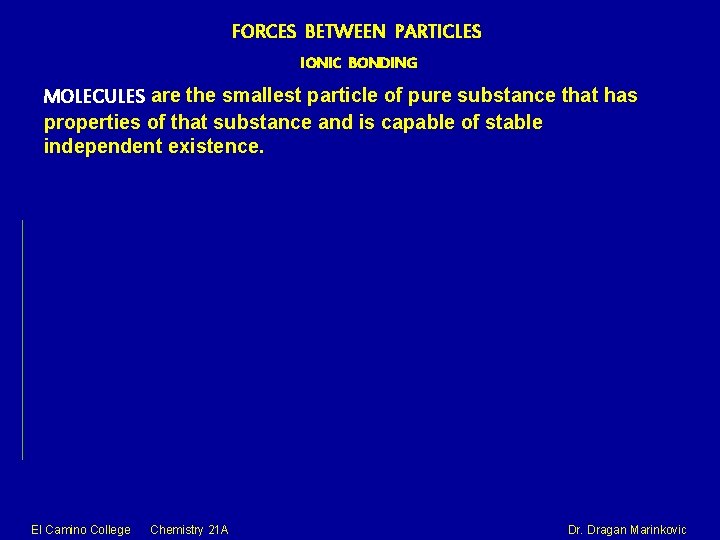 FORCES BETWEEN PARTICLES IONIC BONDING MOLECULES are the smallest particle of pure substance that