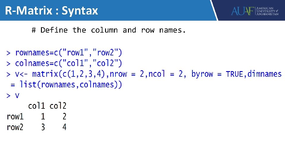 R-Matrix : Syntax # Define the column and row names. 