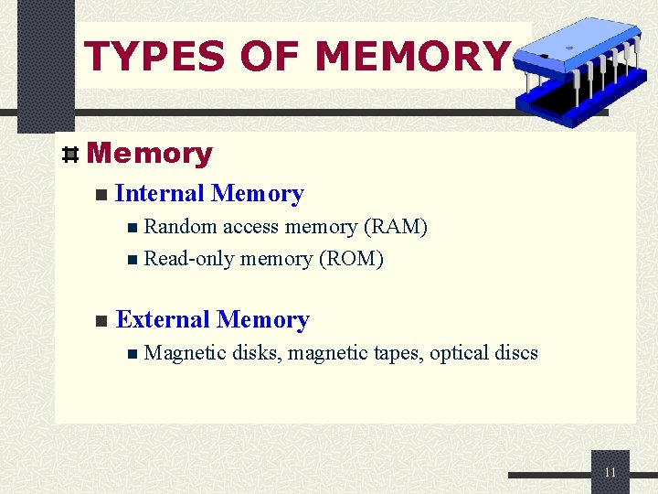 TYPES OF MEMORY Memory n Internal Memory n Random access memory (RAM) n Read-only TYPES OF MEMORY Memory n Internal Memory n Random access memory (RAM) n Read-only