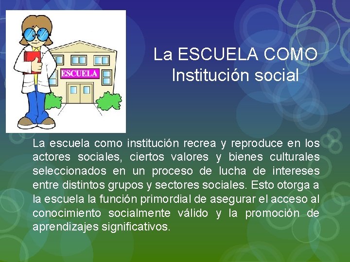 La ESCUELA COMO Institución social La escuela como institución recrea y reproduce en los