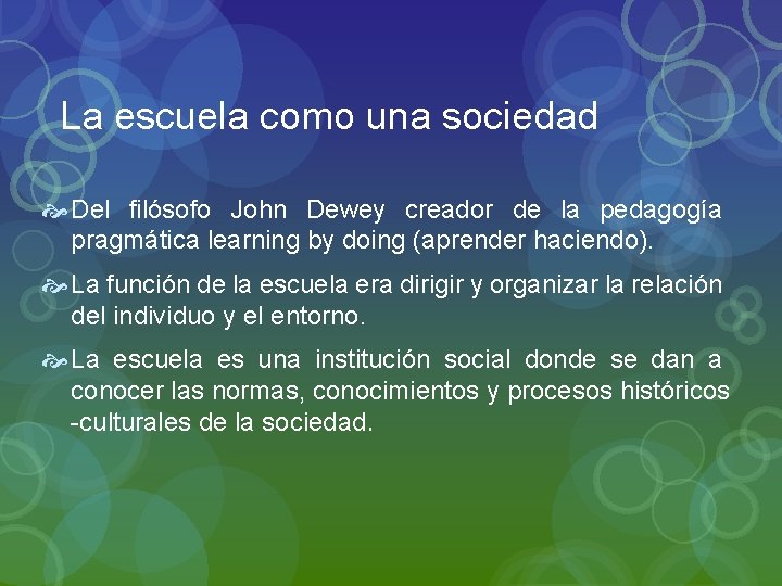 La escuela como una sociedad Del filósofo John Dewey creador de la pedagogía pragmática