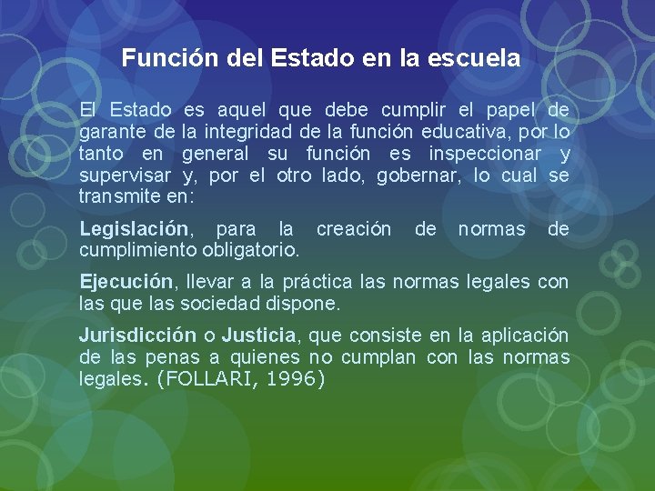 Función del Estado en la escuela El Estado es aquel que debe cumplir el