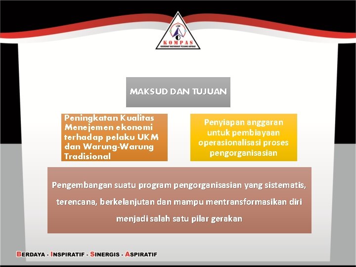 MAKSUD DAN TUJUAN Peningkatan Kualitas Menejemen ekonomi terhadap pelaku UKM dan Warung-Warung Tradisional Penyiapan