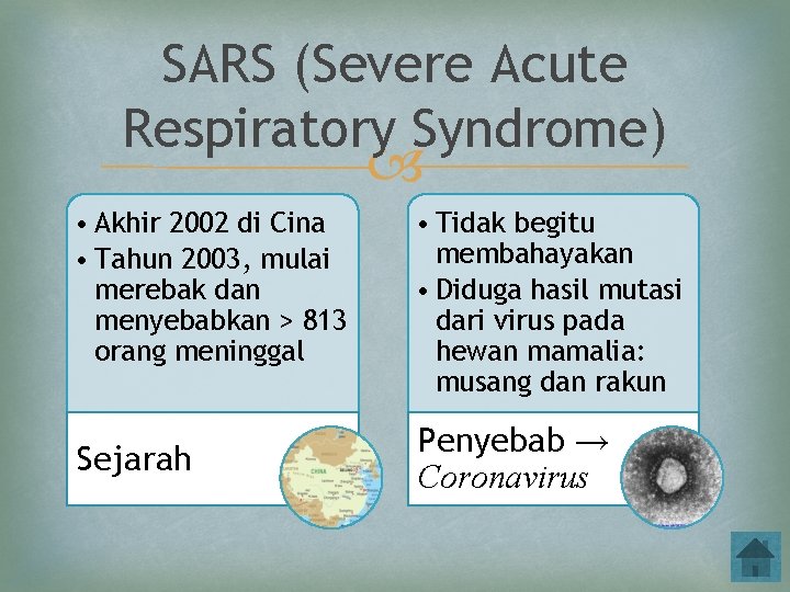 SARS (Severe Acute Respiratory Syndrome) • Akhir 2002 di Cina • Tahun 2003, mulai