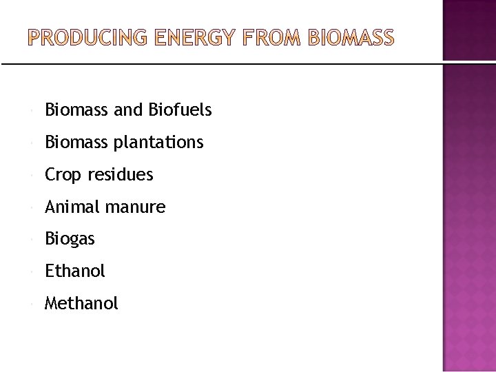  Biomass and Biofuels Biomass plantations Crop residues Animal manure Biogas Ethanol Methanol 