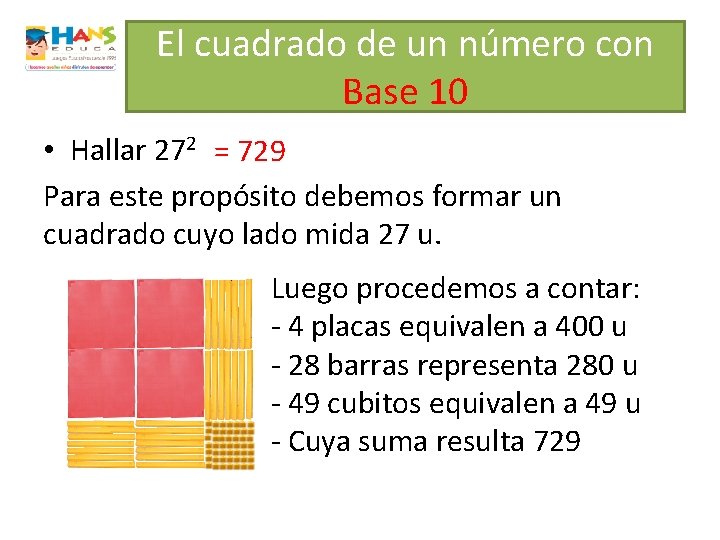 El cuadrado de un número con Base 10 • Hallar 272 = 729 Para