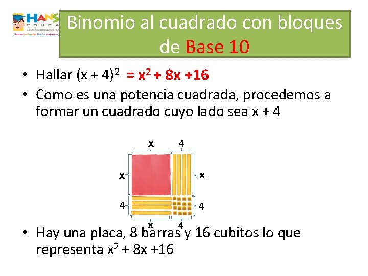 Binomio al cuadrado con bloques de Base 10 • Hallar (x + 4)2 =