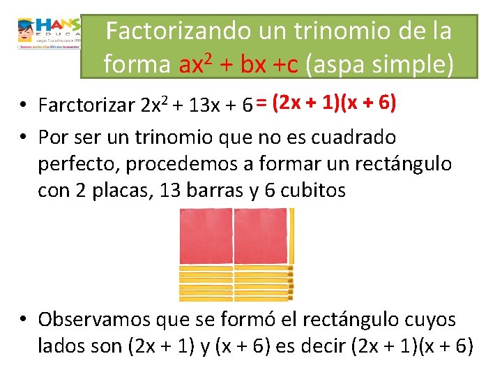 Factorizando un trinomio de la forma ax 2 + bx +c (aspa simple) •