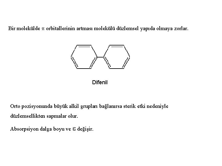 Bir molekülde orbitallerinin artması molekülü düzlemsel yapıda olmaya zorlar. Difenil Orto pozisyonunda büyük alkil