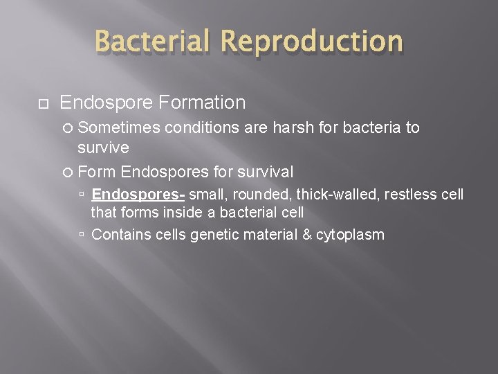 Bacterial Reproduction Endospore Formation Sometimes conditions are harsh for bacteria to survive Form Endospores