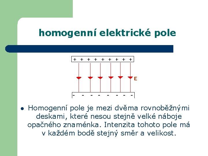 homogenní elektrické pole l Homogenní pole je mezi dvěma rovnoběžnými deskami, které nesou stejně