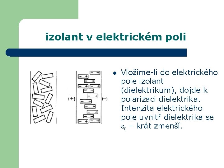 izolant v elektrickém poli l Vložíme-li do elektrického pole izolant (dielektrikum), dojde k polarizaci