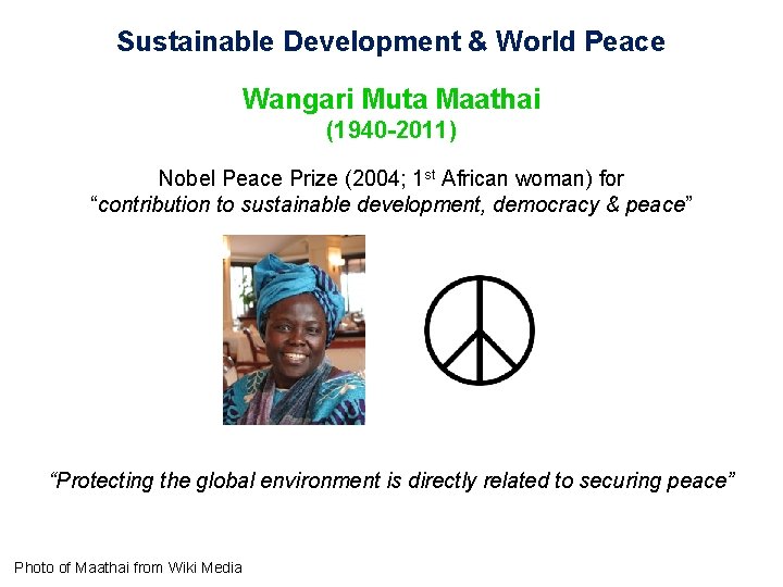 Sustainable Development & World Peace Wangari Muta Maathai (1940 -2011) Nobel Peace Prize (2004;