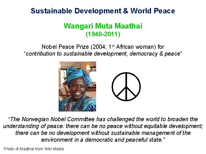Sustainable Development & World Peace Wangari Muta Maathai (1940 -2011) Nobel Peace Prize (2004;