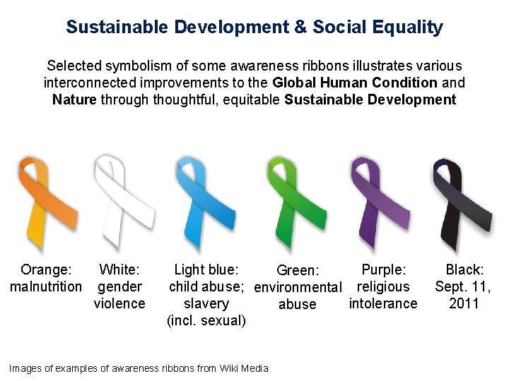 Sustainable Development & Social Equality Selected symbolism of some awareness ribbons illustrates various interconnected