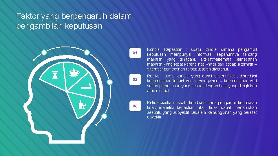 Faktor yang berpengaruh dalam pengambilan keputusan 01 02 03 Kondisi Kepastian : suatu kondisi