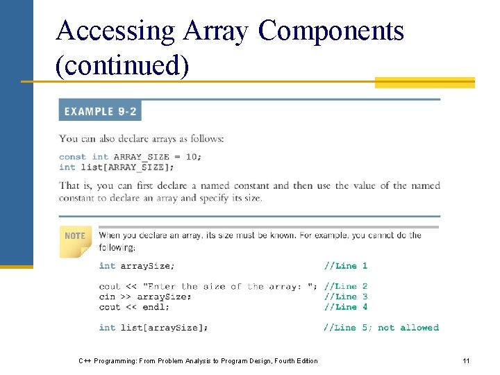 Accessing Array Components (continued) C++ Programming: From Problem Analysis to Program Design, Fourth Edition