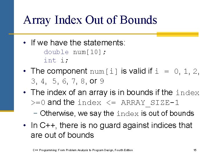 Array Index Out of Bounds • If we have the statements: double num[10]; int